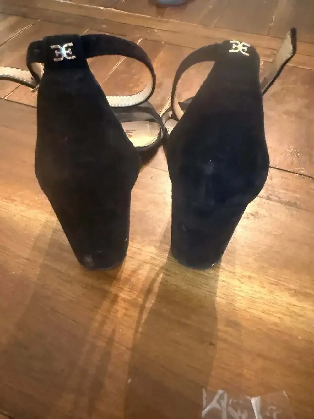 Sam Edelman Odila Black Suede Scallop Block Heel Sandals Women 8.5 Ankle Strap